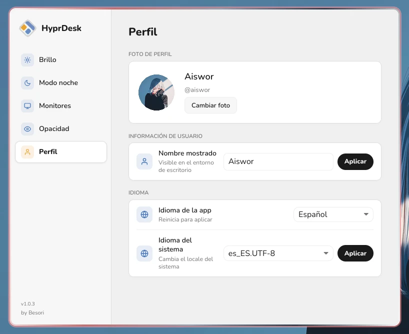 Captura de HyprDesk mostrando la sección de perfil
